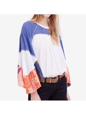 We The Free Colorblock Bell-Sleeve Blouse in Blue, White & Coral-Orange